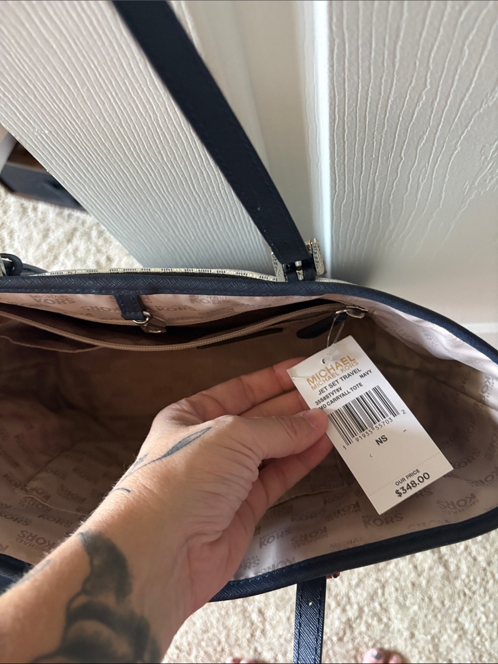Michael Kors Cream and Black Floral MK Logo Tote - Picture 3 of 3